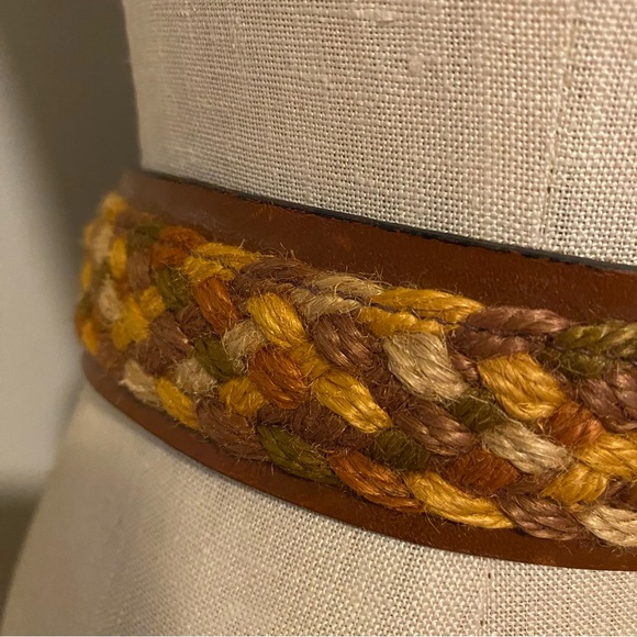 Woven multi color thread basket weave brown leather boho hippie belt XXS XS - Picture 11 of 11